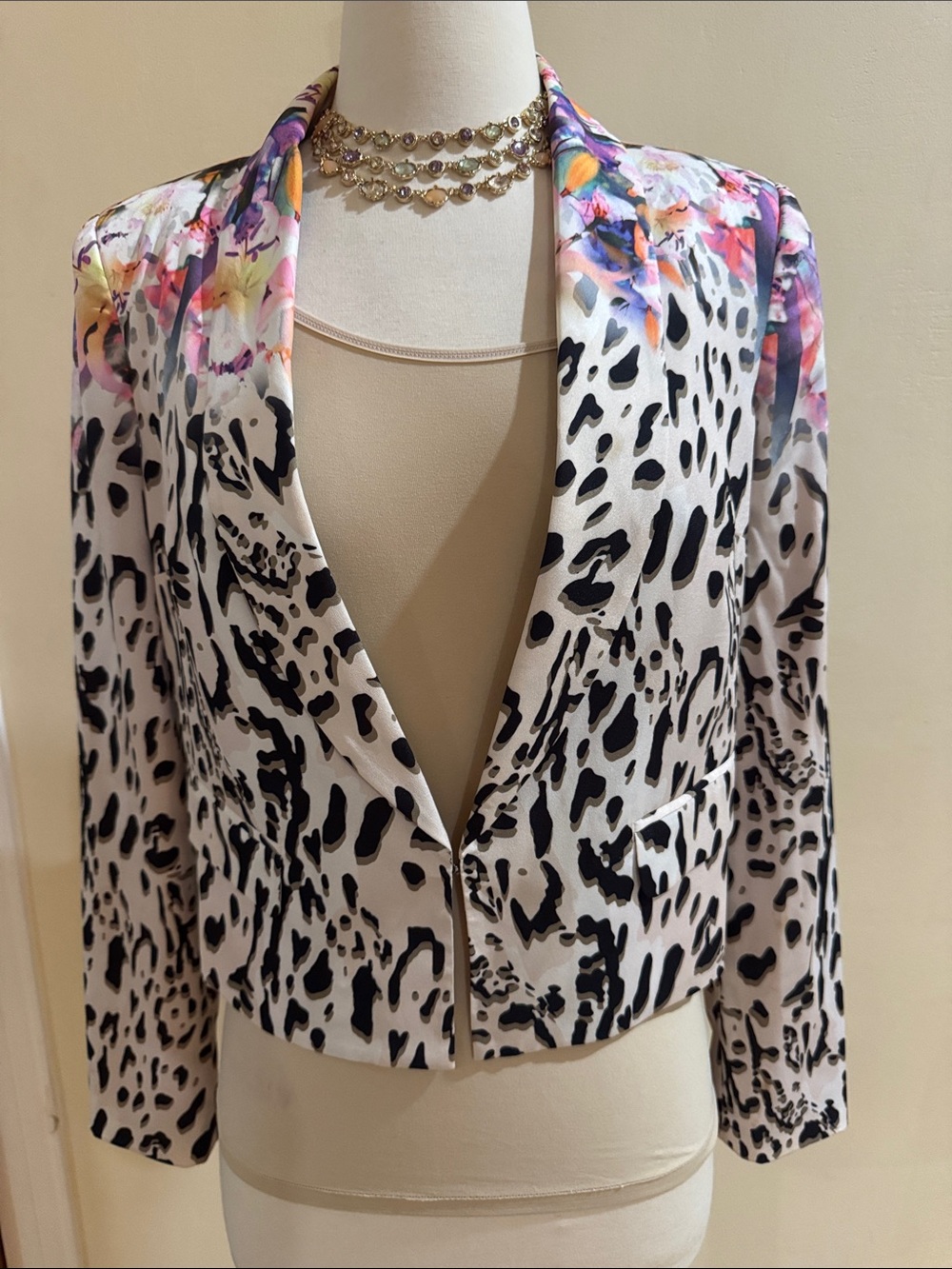bebe White Black Floral-Accent Open-Front Blazer